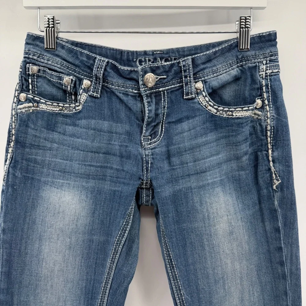 Grace in LA Bootcut Jeans Womens 27‎ Blue Medium Wash Embroidered Sequin Bling